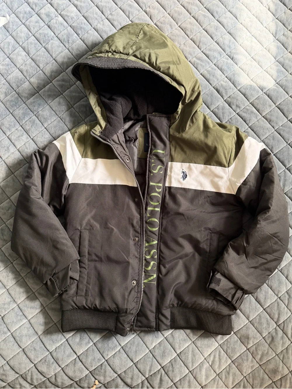 U.S. Polo Assn. Olive, Black & White Colorblock Hooded Puffer Jacket